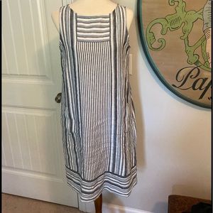 Linen dress + navy cardigan